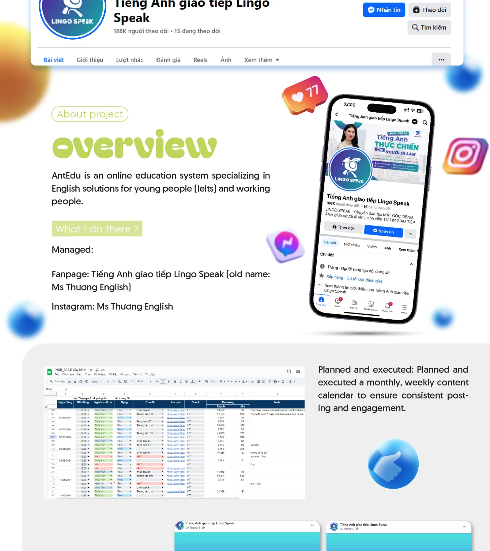 Overview, content calendar and community management for Lingo Speak