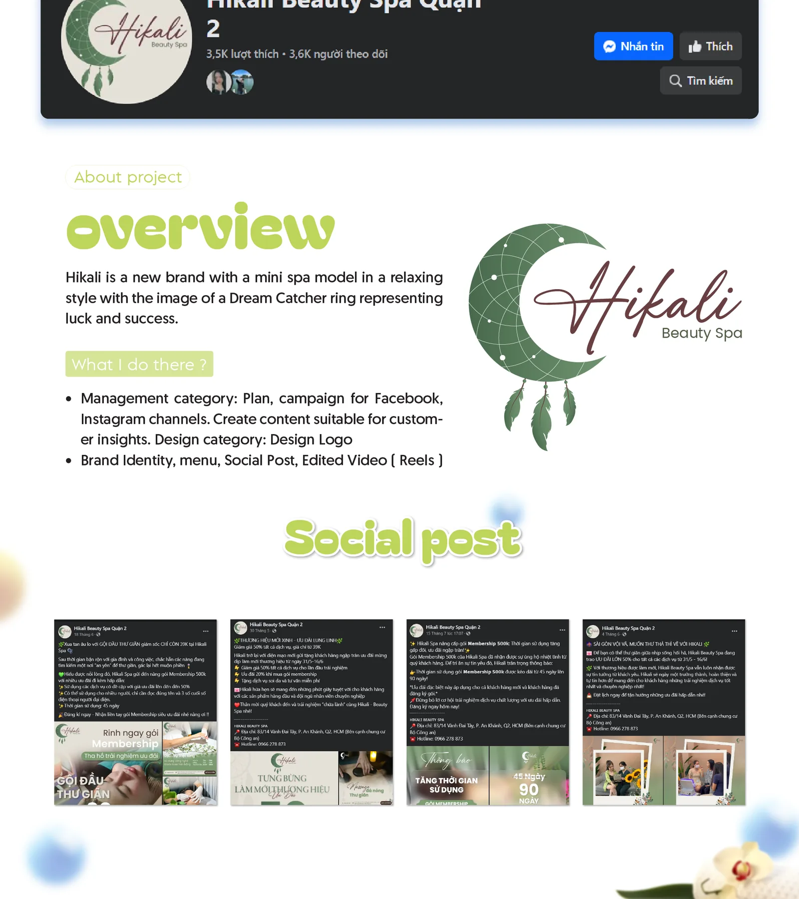 Hikali overview, dreamcatcher logo and social posts